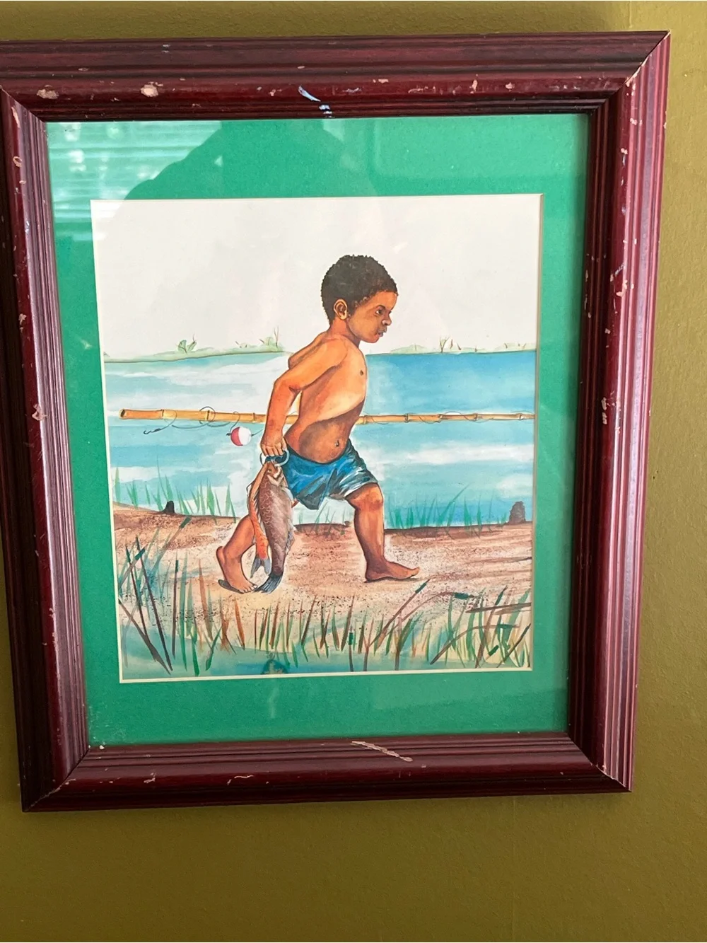 Black American Vintage Watercolor Painting Haitian Boy Catching Fish Artwork